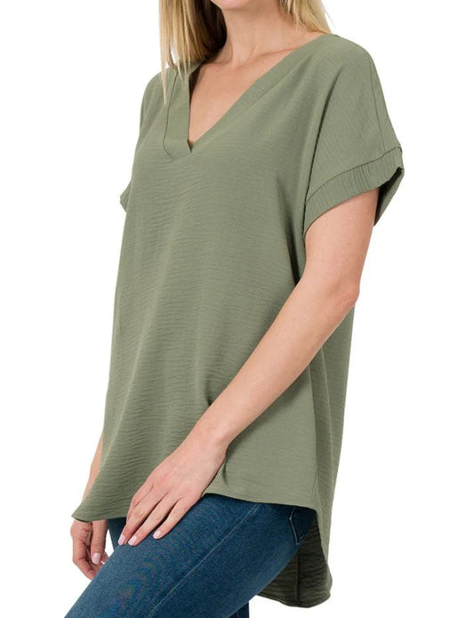Woven Airflow V-Neck Hi-Low Hem Top - Olive