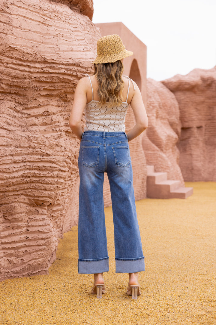 Bamboo Folded Flare Denim Midwash