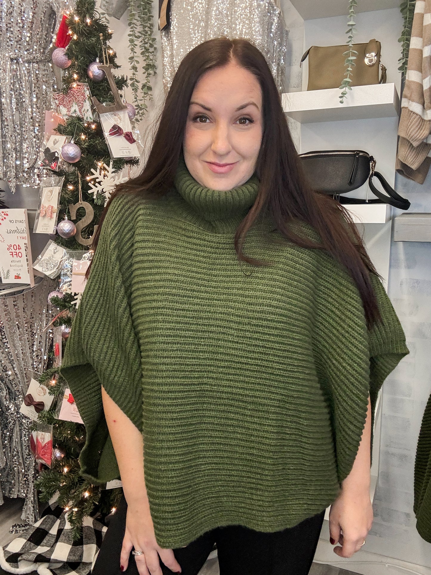 Turtleneck Ribbed Poncho - Olive