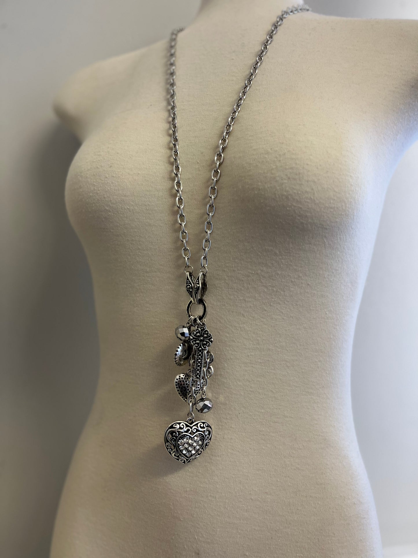 Long Charm Heart Necklace & Earrings Set