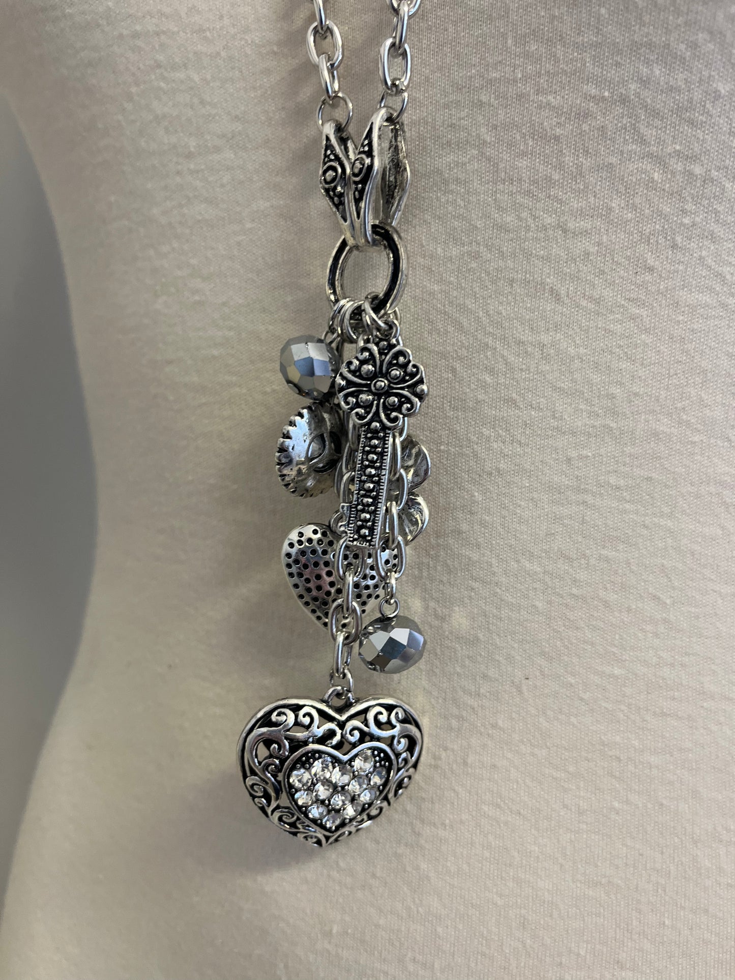 Long Charm Heart Necklace & Earrings Set