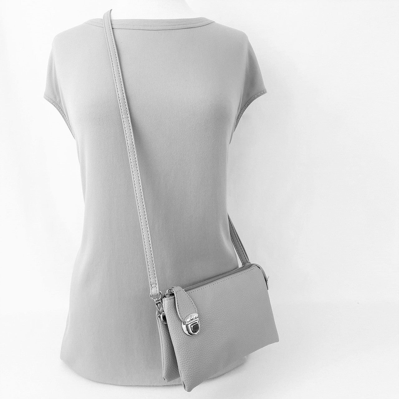 7012- LIGHT GREY VEGAN LEATHER CROSSBODY BAG W/ WRISTLET