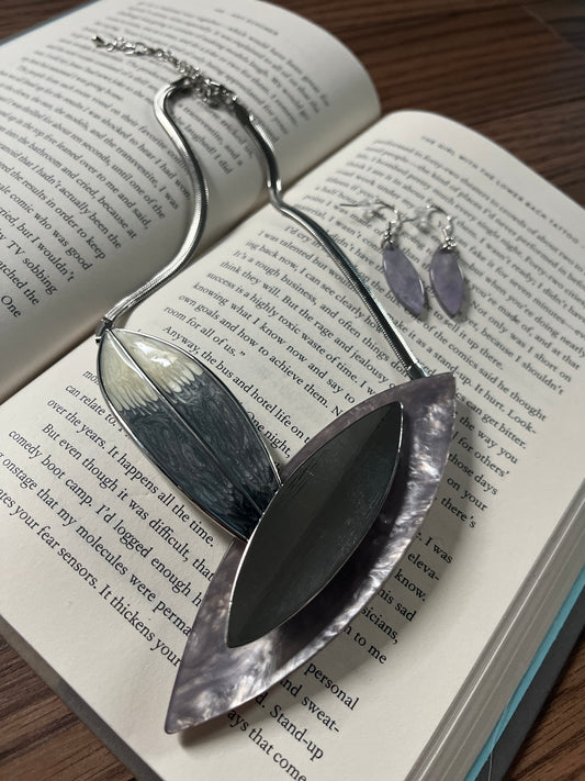 Abstract Leaf Necklace & Earrings Set - Grey