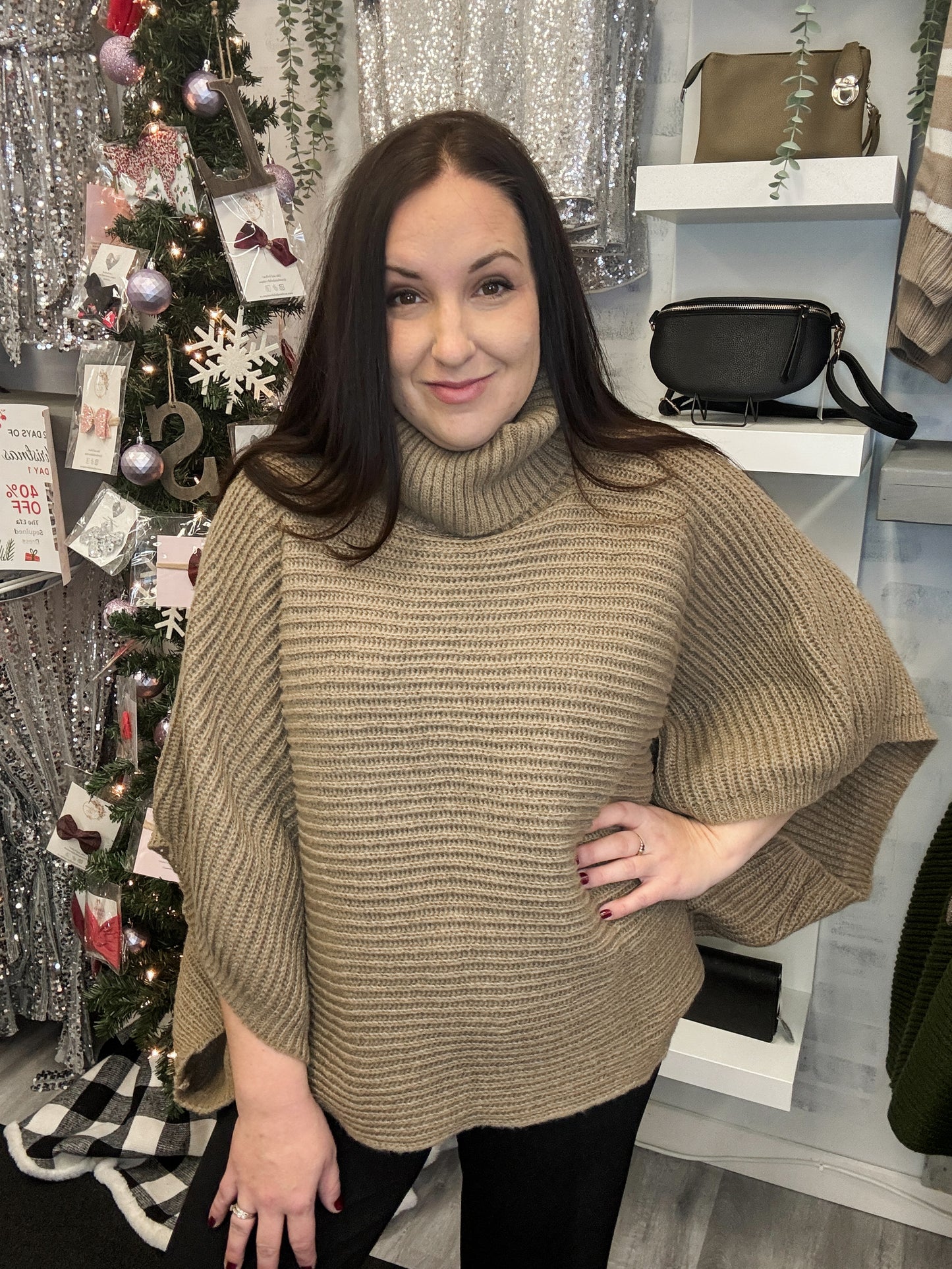 Turtleneck Ribbed Poncho - Mocha
