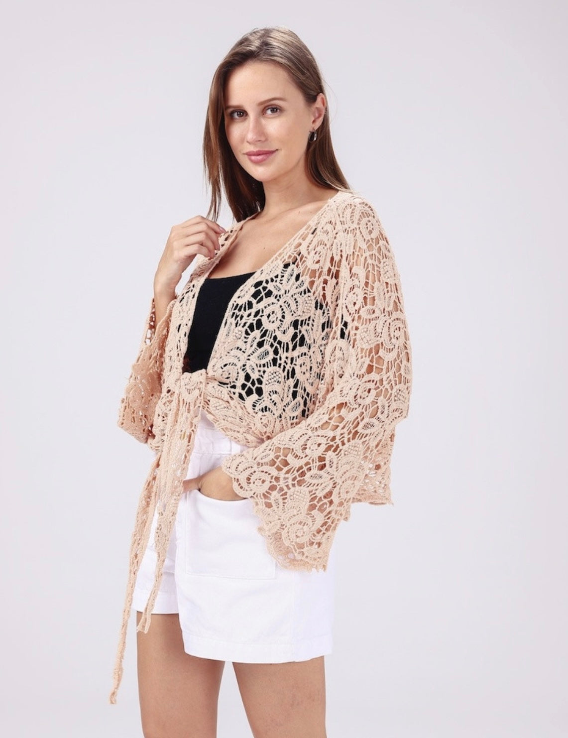 Crochet Petal Kimono Wrap - Peach