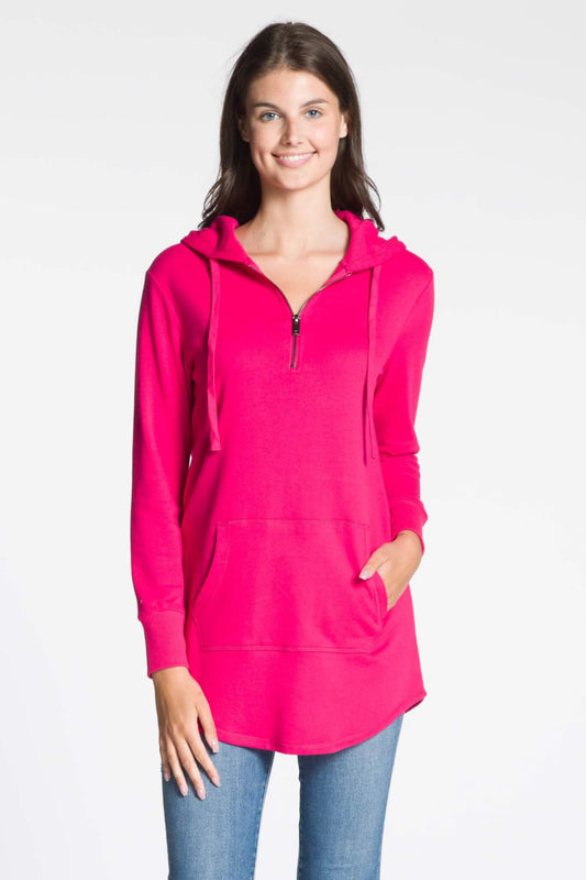The French Terry Long Kangaroo Sweater - Fuschia
