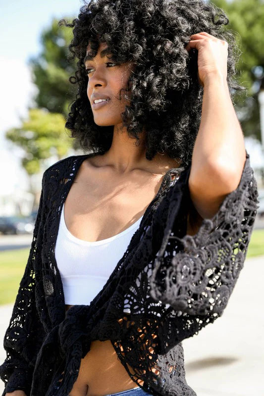 Crochet Petal Kimono Wrap - Black