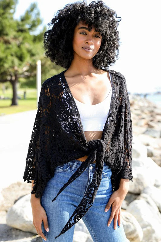 Crochet Petal Kimono Wrap - Black