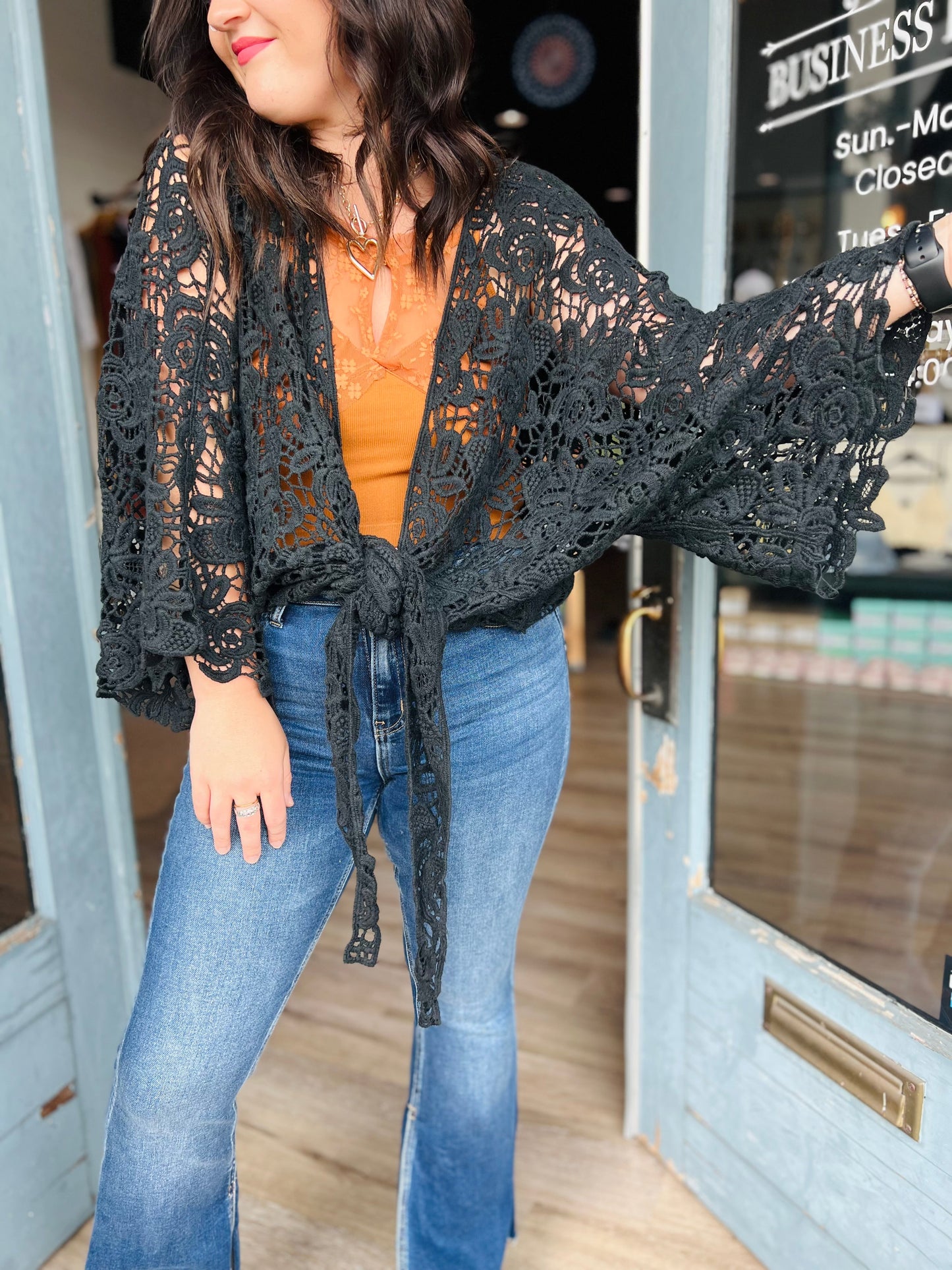 Crochet Petal Kimono Wrap - Black