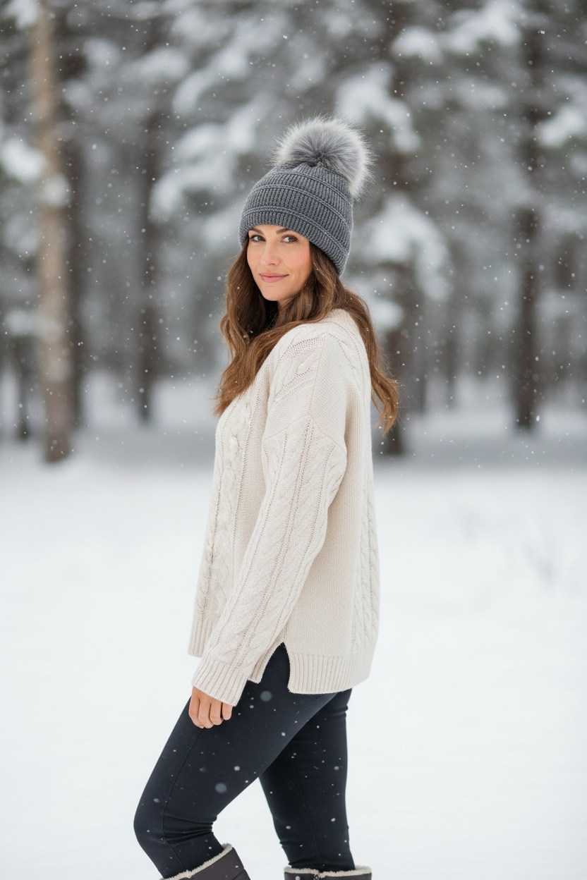 Slouch Beanie with Pompom -Grey
