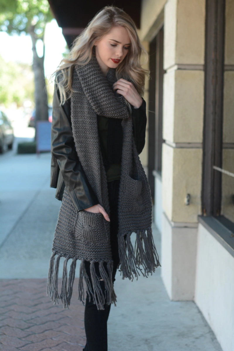 Oversized Two Pocket Tassel Scarf - Charcoal