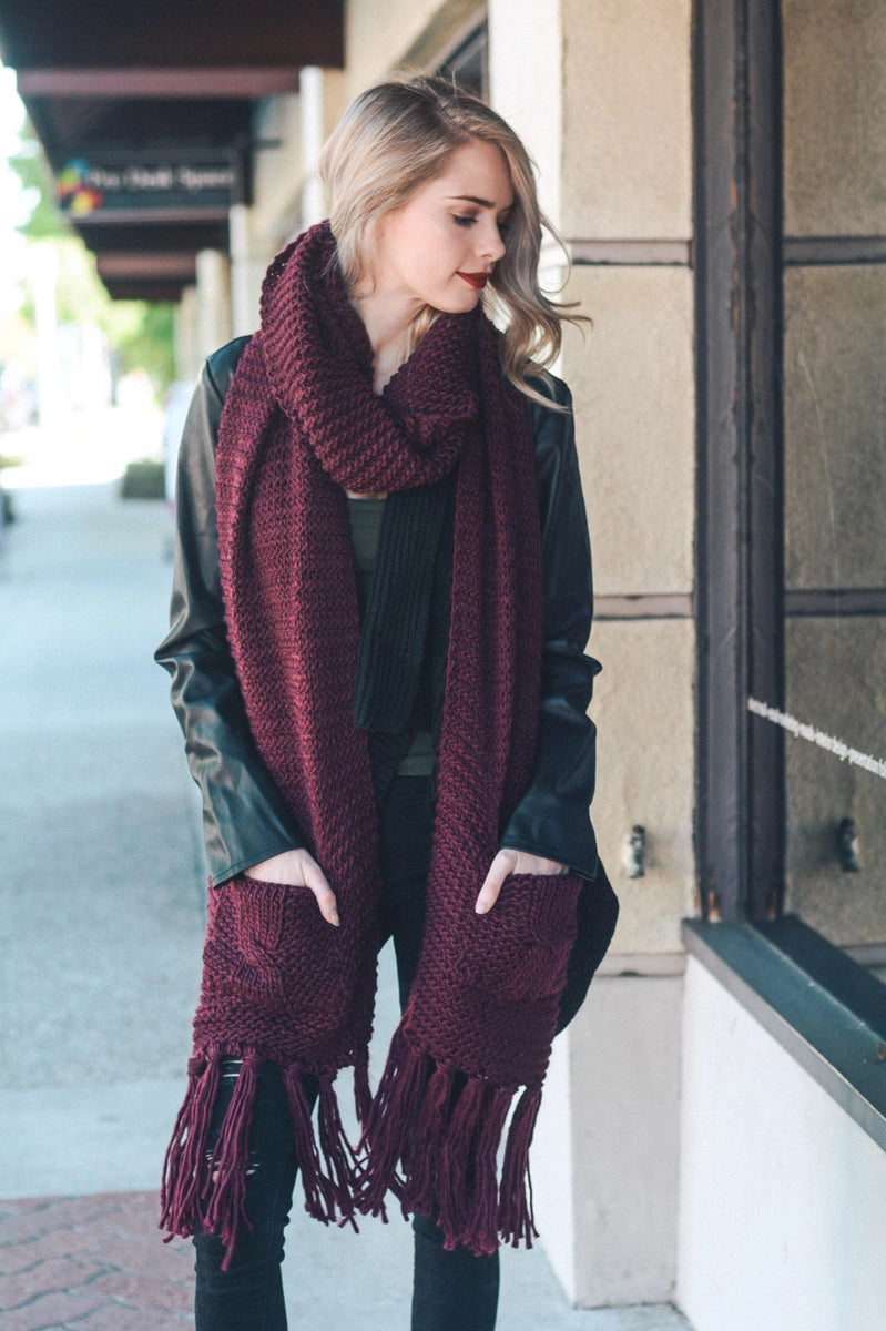Oversized Two Pocket Tassel Scarf - Burgundy