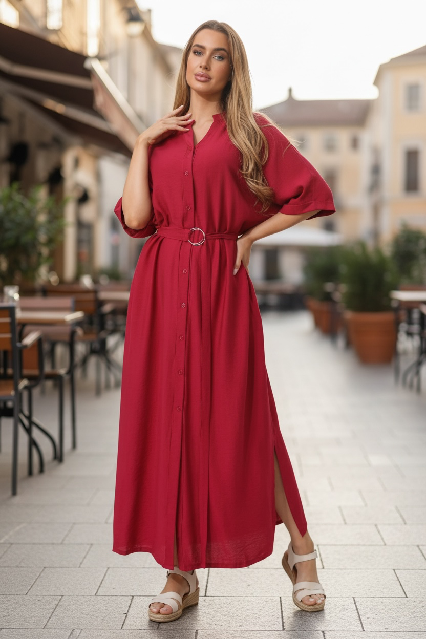 Button-Front Maxi Shirt Dress - Raspberry