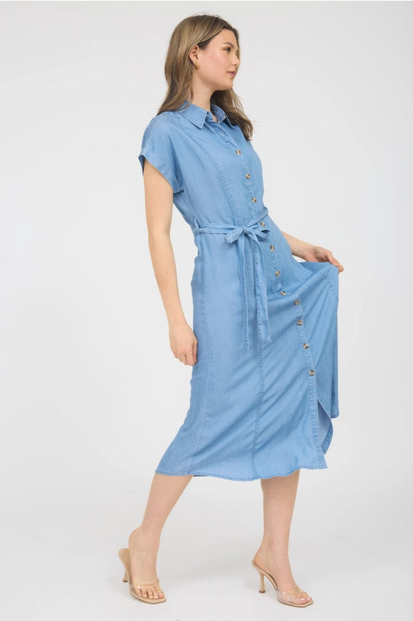 The Short Sleeve Denim Button Down Midi Dress