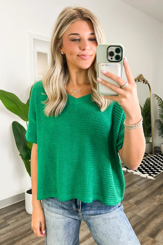 Drop Shoulder Short Sleeve Jacquard Sweater - Green
