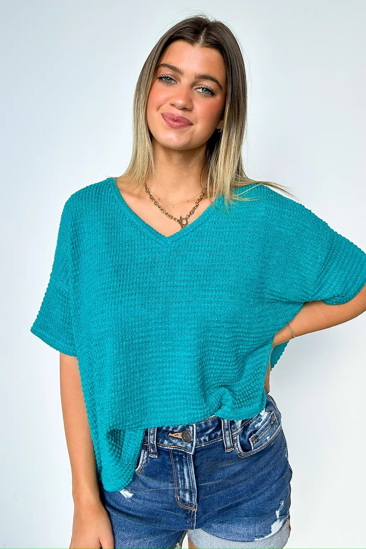 Drop Shoulder Short Sleeve Jacquard Sweater - Teal