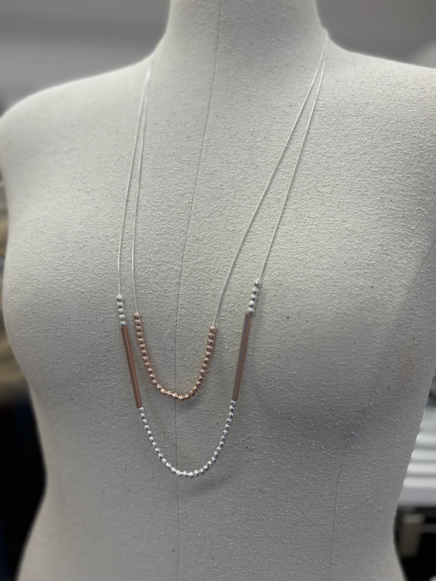 LONG NECKLACE | DOUBLE LAYERED. ROSE GOLD & SILVER