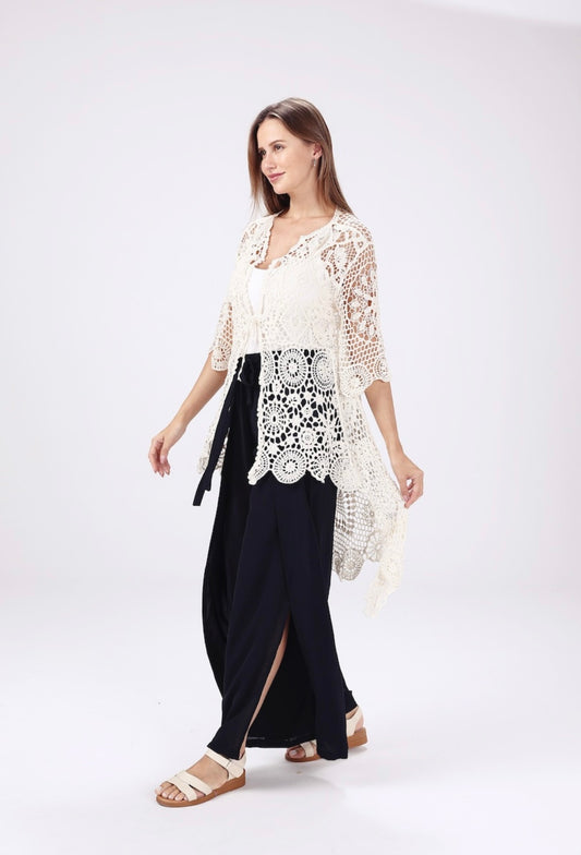 The Crochet Long Kimono - Cream