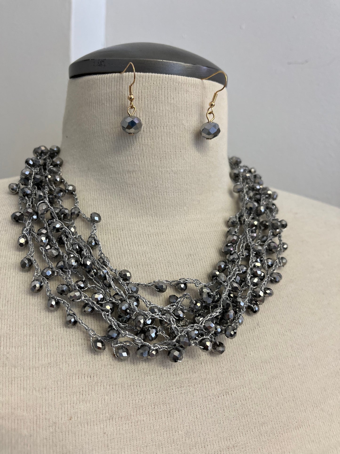 Silver Beaded Necklace & Earrings Set