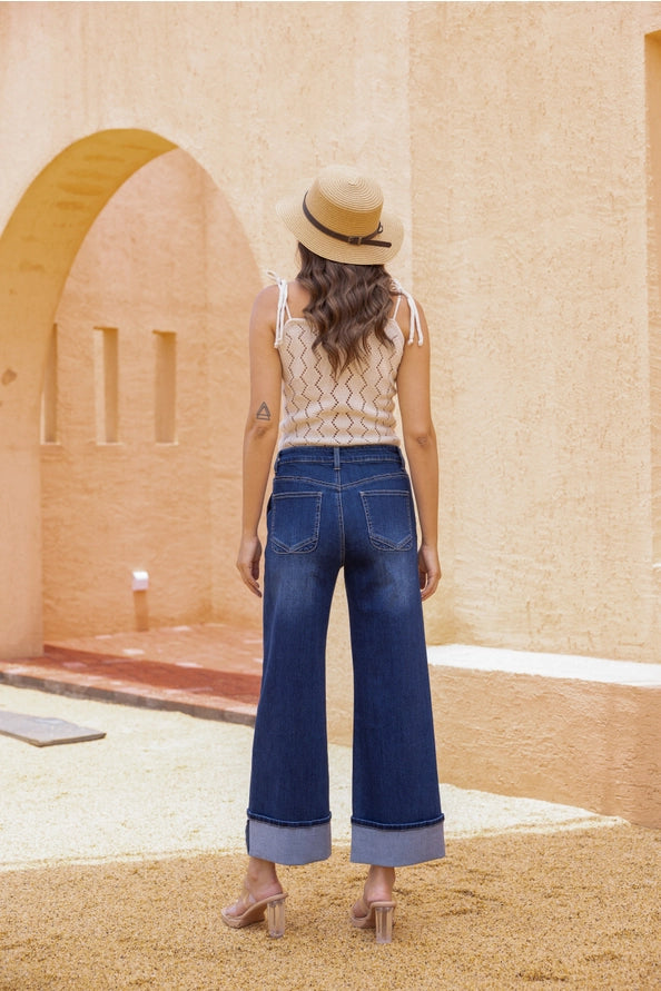 Bamboo Folded Flare Denim - Darkwash