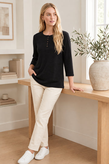 3/4 Sleeve Five Button Henley Top - Black