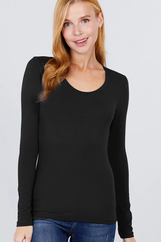 Fitted Long Sleeve Scoop Neck Top - Black