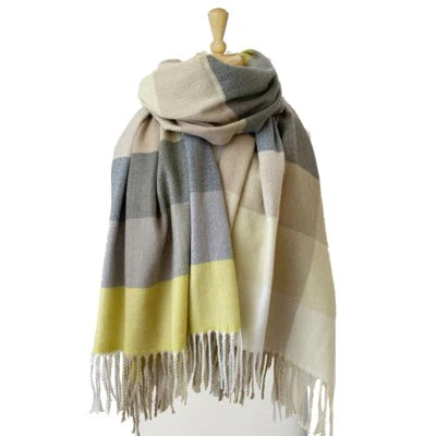 GREY BEIGE & YELLOW LARGE & SOFT PLAID PATTERN SCARF