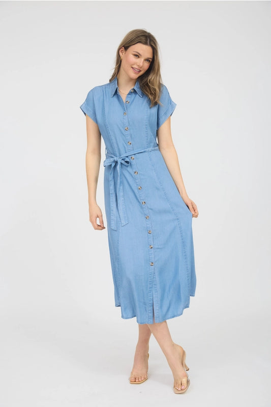 The Short Sleeve Denim Button Down Midi Dress