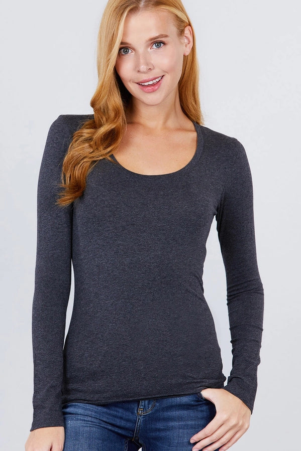 Fitted Long Sleeve Scoop Neck Top - Charcoal