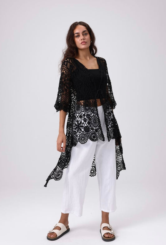 The Crochet Long Kimono - Black