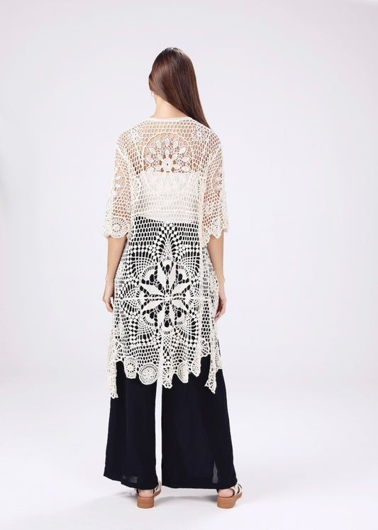 The Crochet Long Kimono - Cream