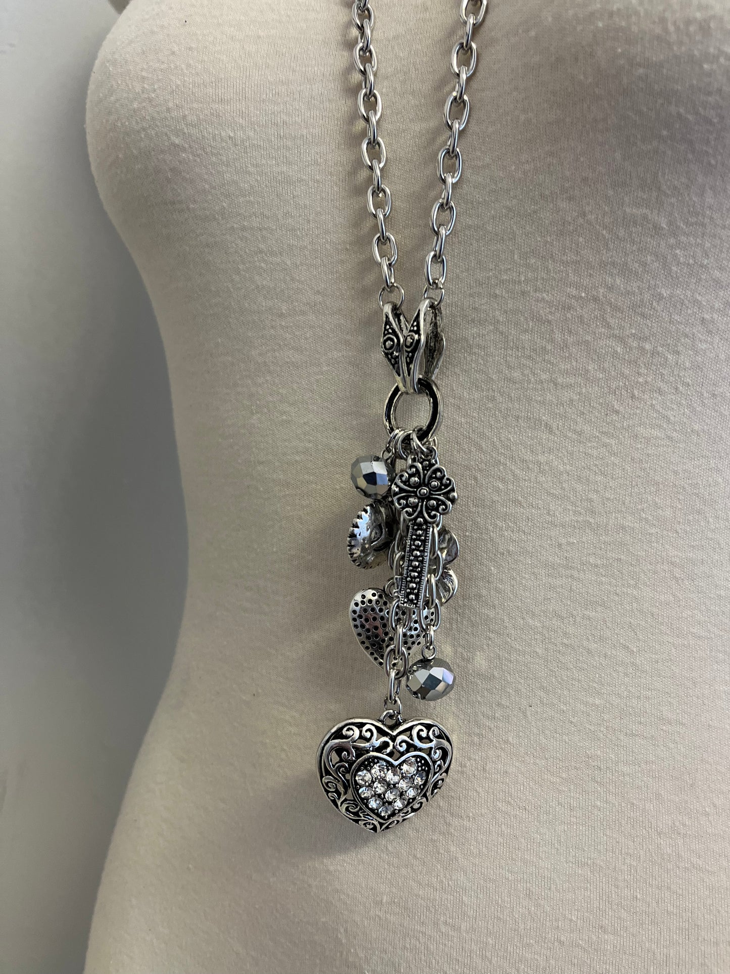 Long Charm Heart Necklace & Earrings Set