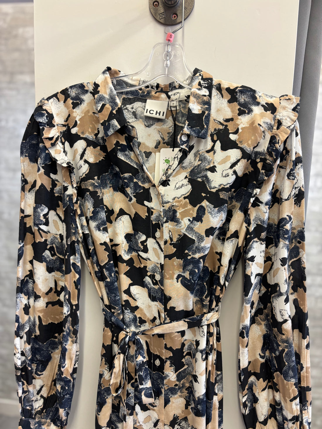 ICHI - LONG SLEEVE DRESS TAUPE & NAVY