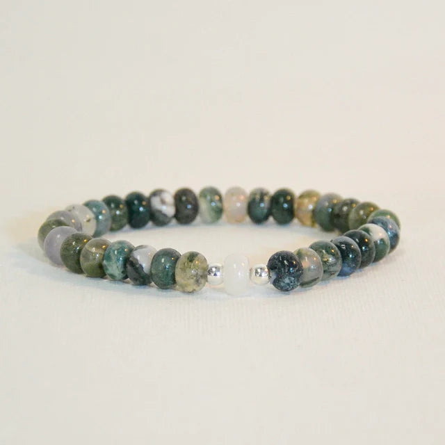 Stretch Bracelet | Rondelle Moss Grass Stone w/ One Jade Stone