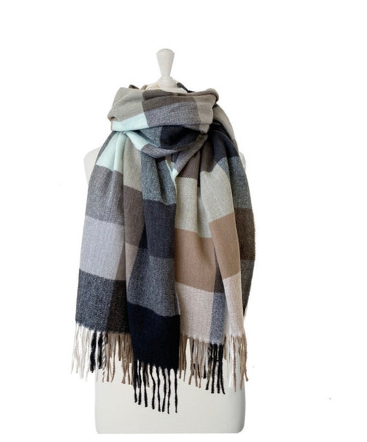 TAUPE GREY & LIGHT BLUE LARGE & SOFT PLAID PATTERN SCARF