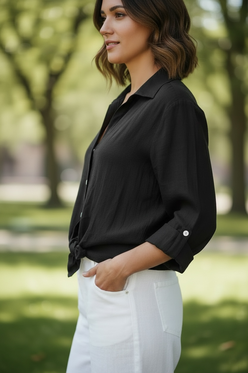Amorosa - Tie Knot Linen Top - Black