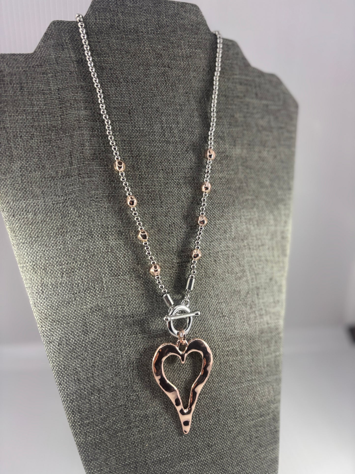 Rose/Silver Tiffany style heart necklace and matching earrings set