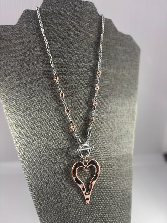 Rose/Silver Tiffany style heart necklace and matching earrings set