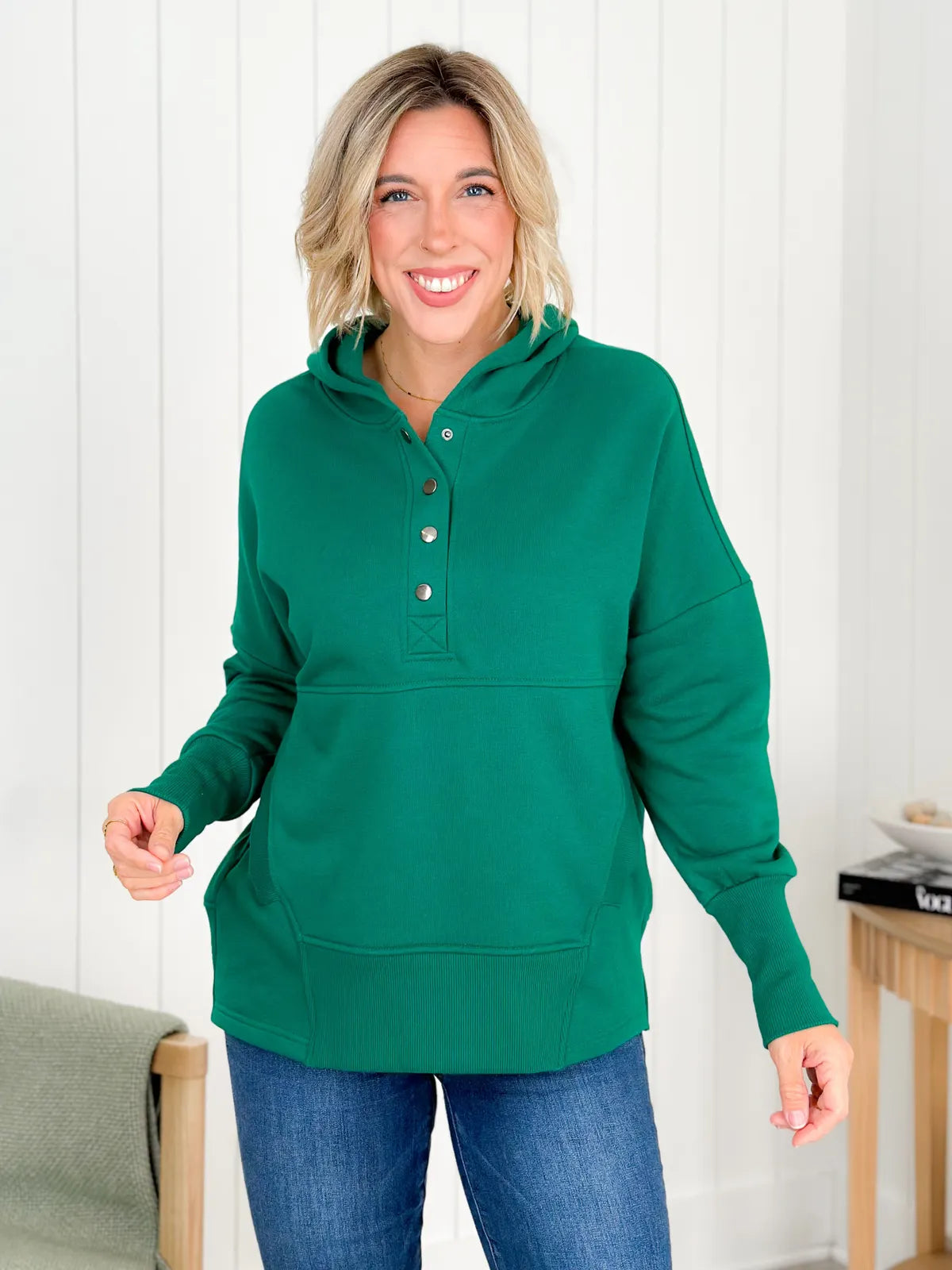 Half Button Oversized Hoodie Pullover Sweater - Green