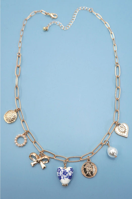 Ceramic Bow Heart Charm Necklace