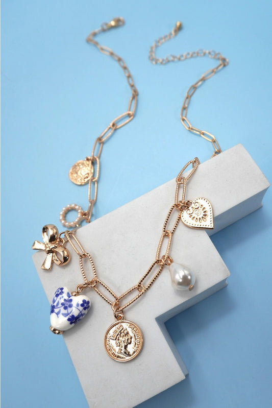 Ceramic Bow Heart Charm Necklace