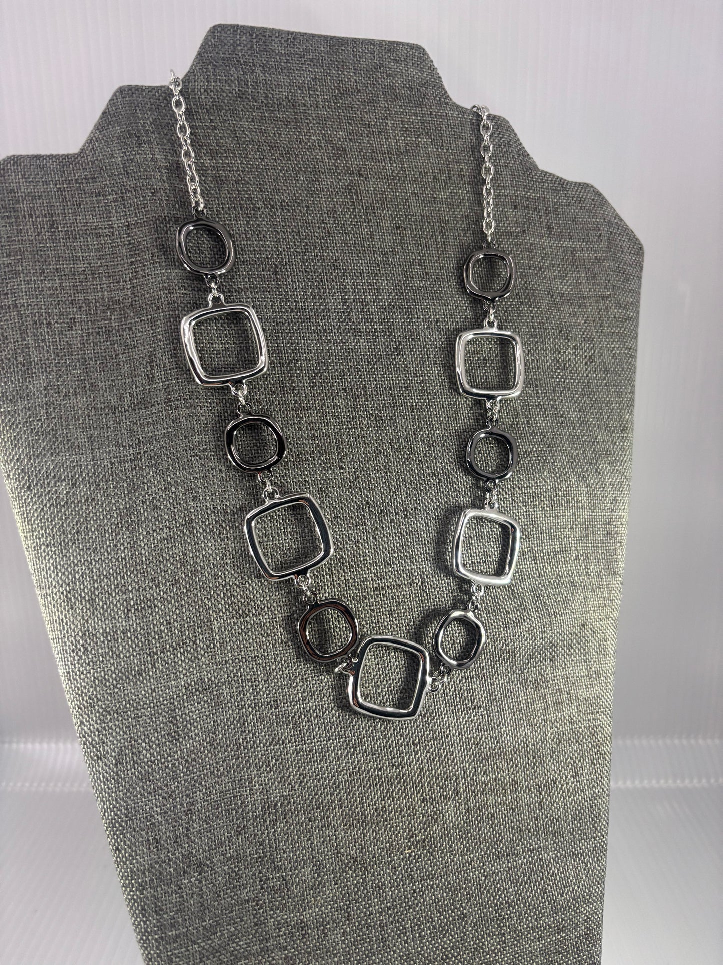 Square Silver/Dark Metal Necklace and matching earrings