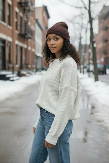 Ribbed Cuff Beanie - Brown