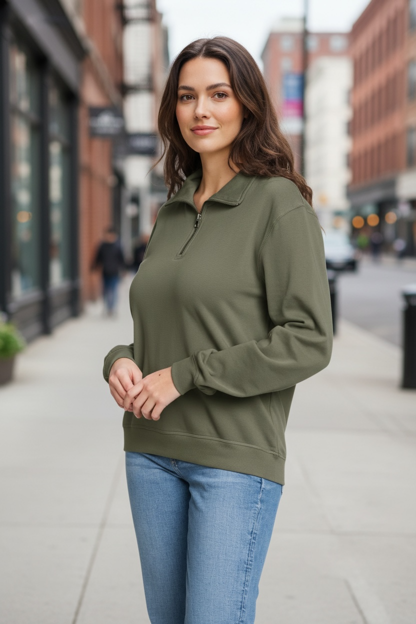 The French Terry 1/4 Zip Pullover Sweater - Olive