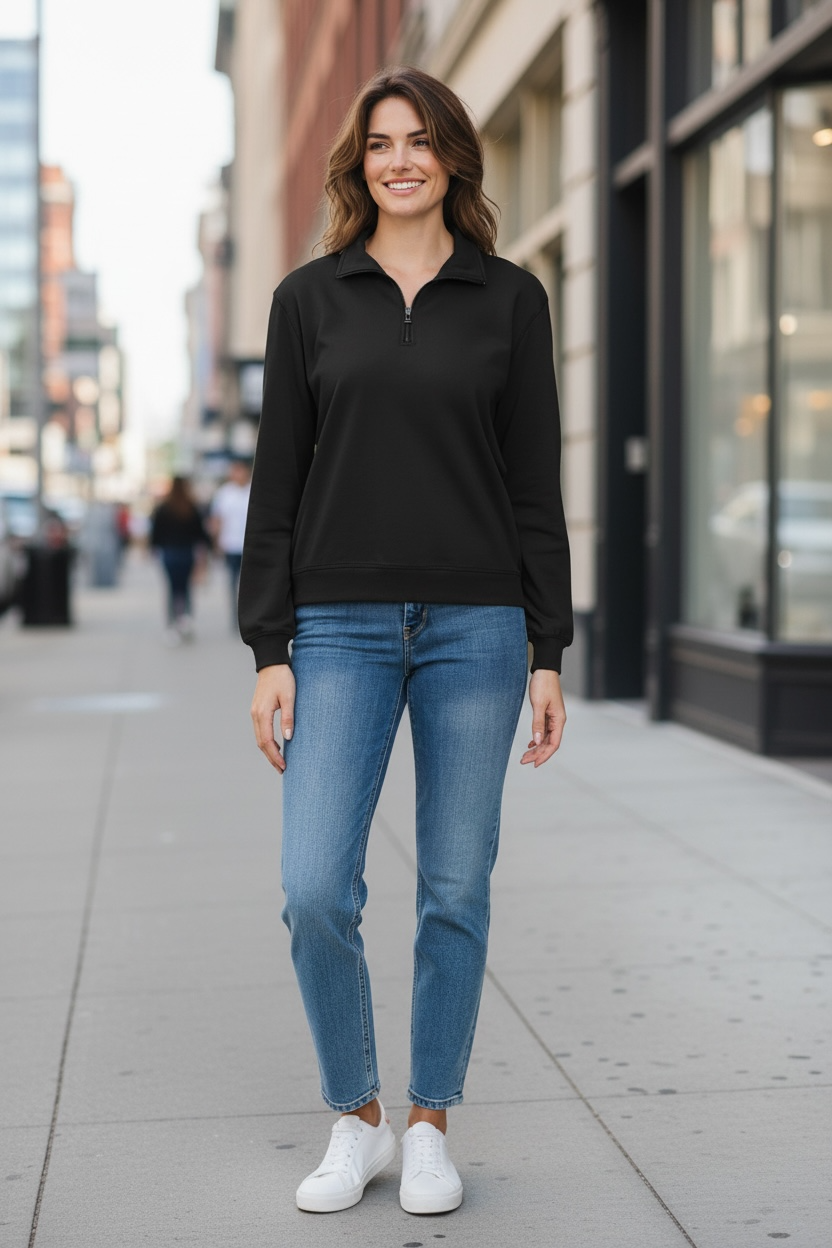 The French Terry 1/4 Zip Pullover Sweater - Black