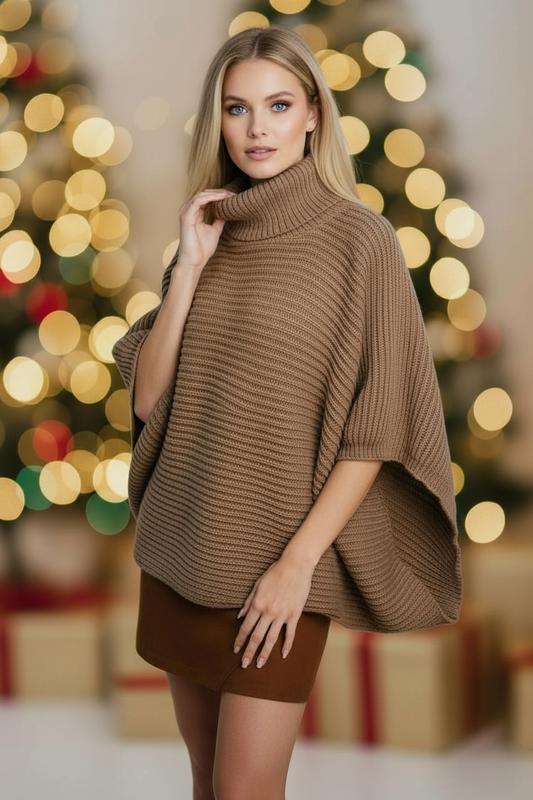 Black Friday - Turtleneck Ribbed Poncho - Mocha