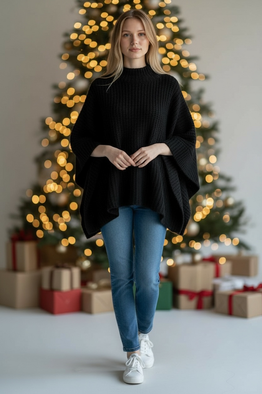 Black Friday - Minimalist Crew Neck Poncho - Black