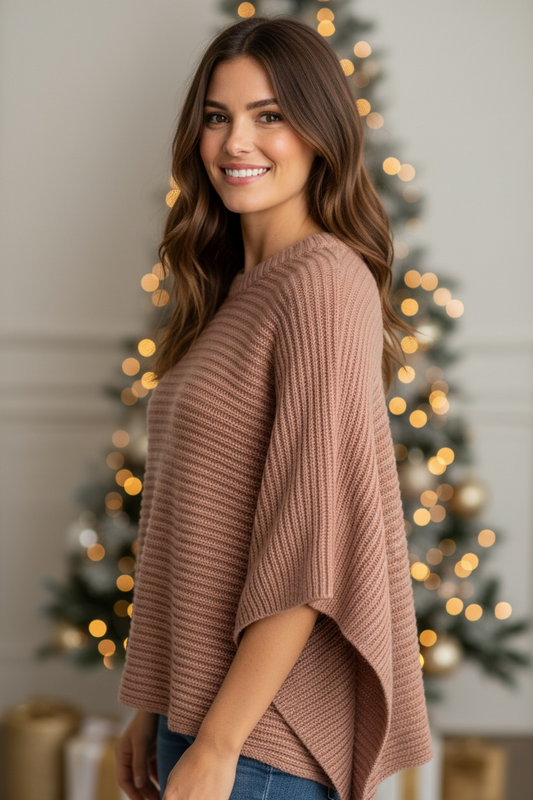 Black Friday - Minimalist Crew Neck Poncho - Mauve
