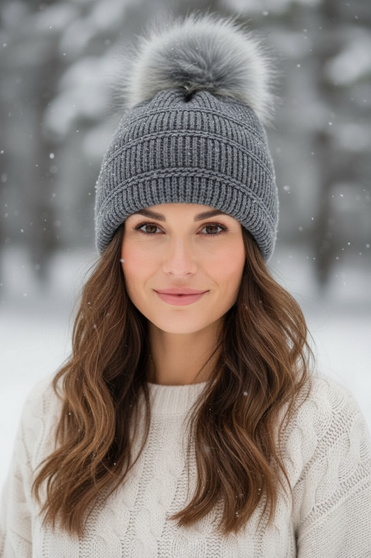 Slouch Beanie with Pompom -Grey
