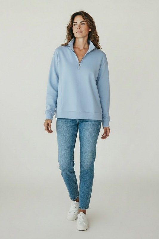 The French Terry 1/4 Zip Pullover Sweater - Ice Blue